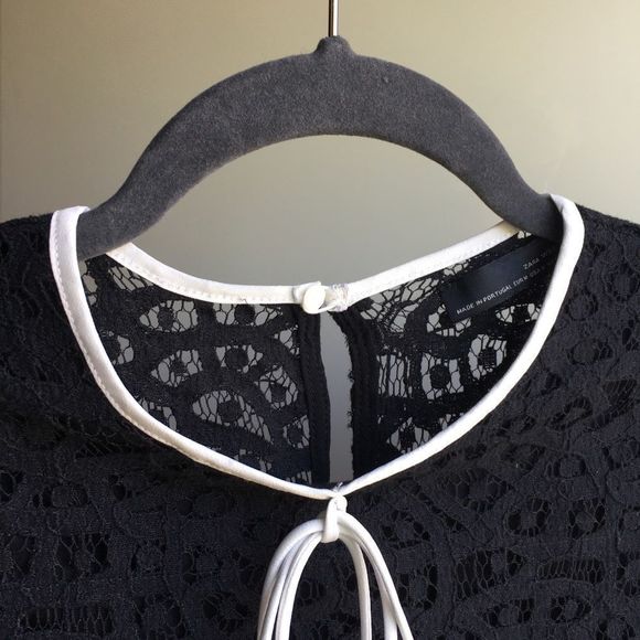 Zara M black lace long sleeve crop top white bow tie lacy shirt blouse witchy​ - Picture 7 of 15